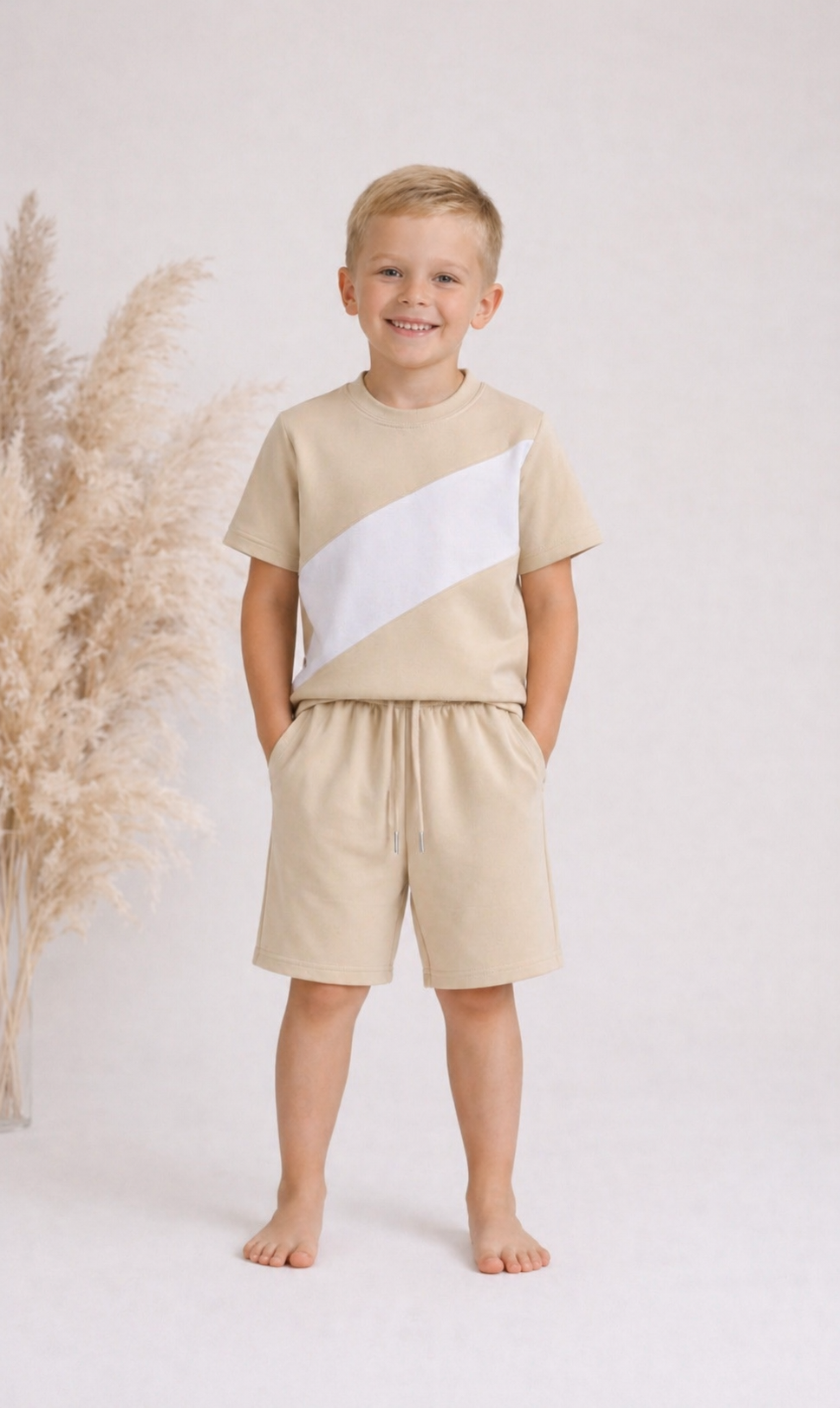 Beige Stripe Shorts set