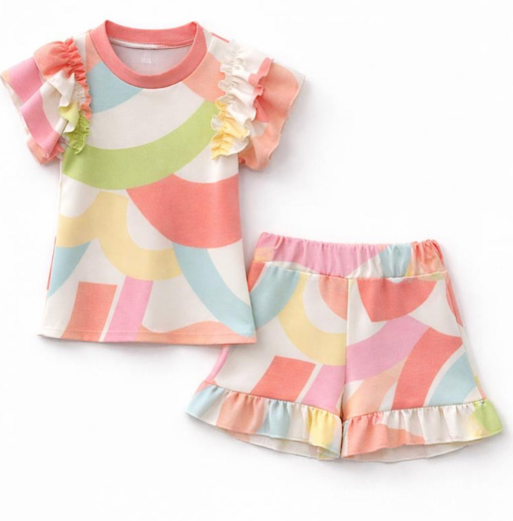 Orange Pastel Print Shorts Set